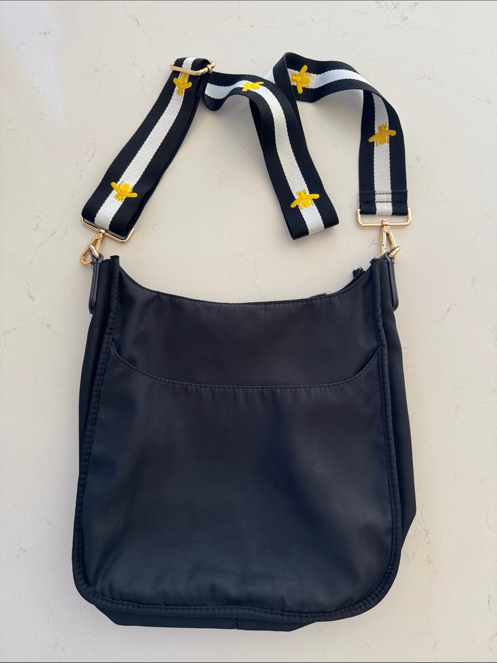 Ah Dorned Black Crossbody Shoulder Bag with Striped Bee-Embroidered Strap